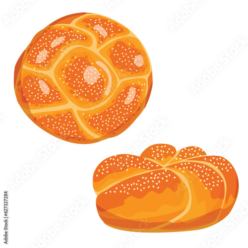 Round Challah bread vector illustration. White yeast braided bread, traditional food for Shabbat and major Jewish holidays