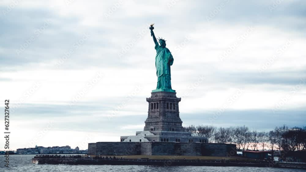 The Statue of Liberty as seen from a moving boat on the Hudson River, slow motion The Statue of Liberty as seen from a moving boat on the Hudson River, slow motion