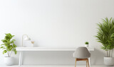 A contemporary white workspace with copy space, set against a blurred background of a modern white office. generative AI