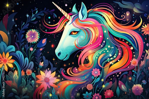 A design featuring a cute and colorful unicorn surrounded by stars and rainbows.