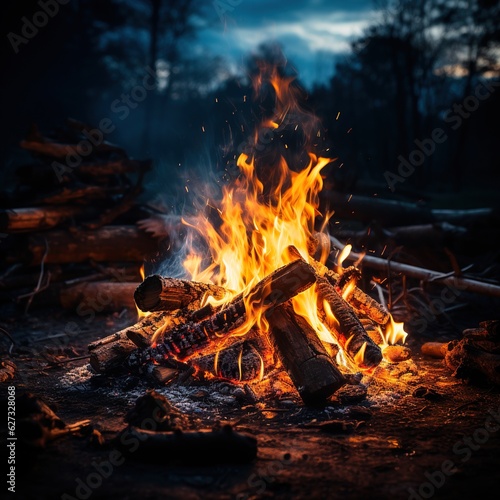 Embrace the Wilderness: A Mesmerizing Photo of a Campfire Burning Brightly in the Dark Forest, Offering a Cozy Retreat Amidst Nature's Embrace. Ai generated