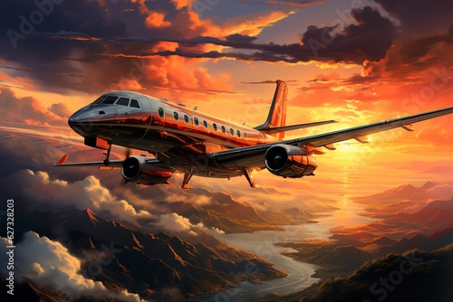 A breathtaking scene unfolds as a sleek private jet soars gracefully through the clouds, embraced by the warm hues of the setting sun. Ai generated