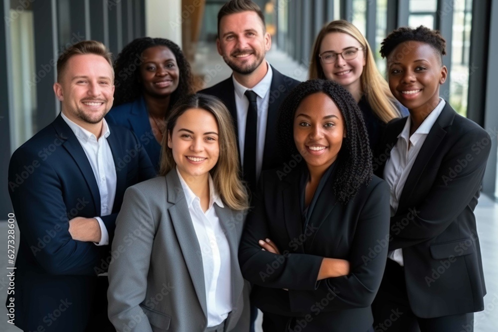 Successful multiethnic business team smiling and looking at camera. Generative AI. Successful multiethnic business team smiling and looking at camera. Generative AI.