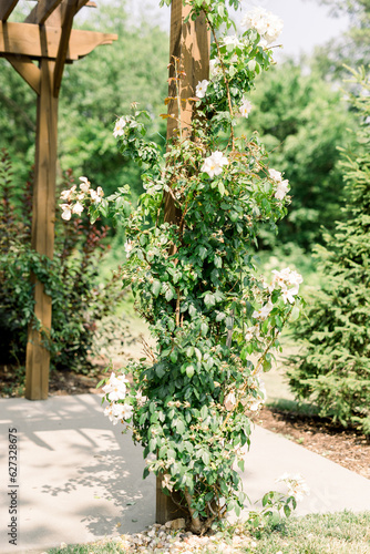 An elegant trailing bush of flowers and greenery at a wedding ceremony site 