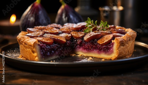 homemade sweet baked pie with figs on dark background