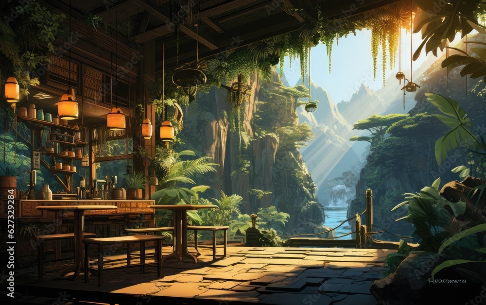 A wooden design cafe in the sunset jungle.