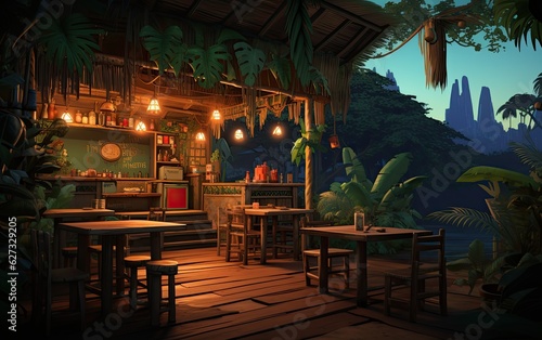A wooden design cafe in the sunset jungle.