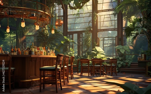 A wooden design cafe in the sunset jungle.