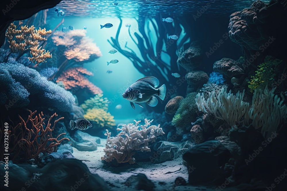 Fototapeta premium Tropical sea underwater fishes on coral reef. Aquarium oceanarium wildlife colorful marine landscape nature