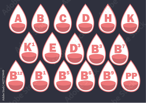 Vitamins drop vector icons, vital vitamin for living being,A,B,K,D,H,K,B12,PP, set of vitamins 