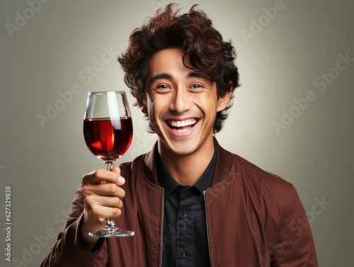 "Festive Celebration: Smiling Asian Man with Glass of Champagne, Excitement and Joy in Casual Attire"
