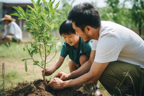 Environmental Responsibility  Asian Man and Family Planting Tree  Eco-Conscious Gardening 