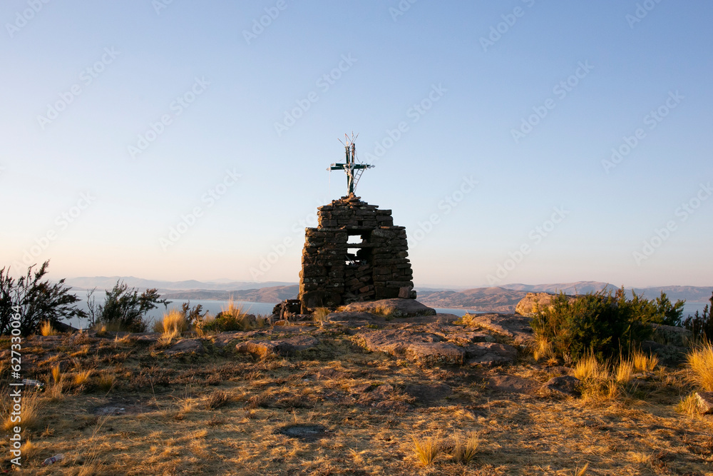 Traditional stone monument on the Llachon peninsula, in the Lake Titicaca region of Peru.