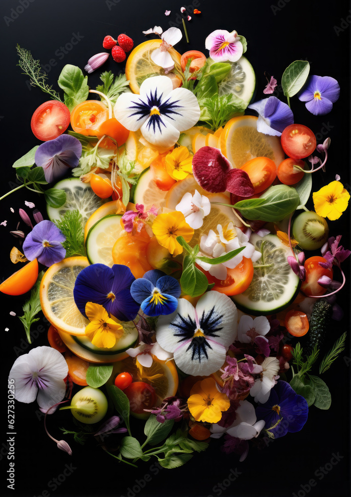 Edible flowers salad in a plate.
