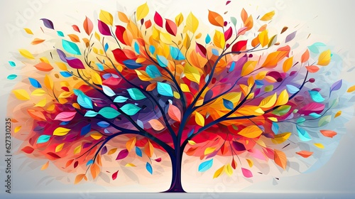 Elegant colorful tree with vibrant leaves hanging branches illustration background. Bright color 3d abstraction wallpaper for interior mural painting wall art decor. Ai