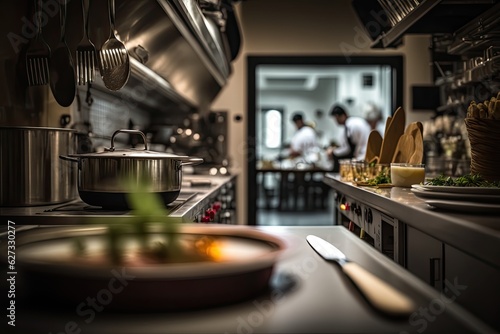 Modern kitchen with stainless still kitchenware and equipment for restaurant-scale cooking
