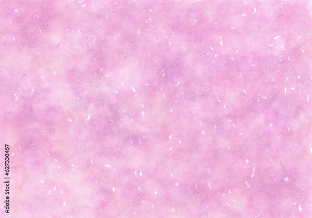 白い羽根のような繊維が舞う、撫子ピンクの斑和紙の背景