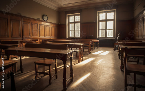 Interior of a traditional style school with chairs and desks. AI, Generative AI © Stormstudio