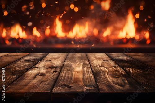 Empty Wooden Table with Fire Background for Hot and Spicy Food Promotion