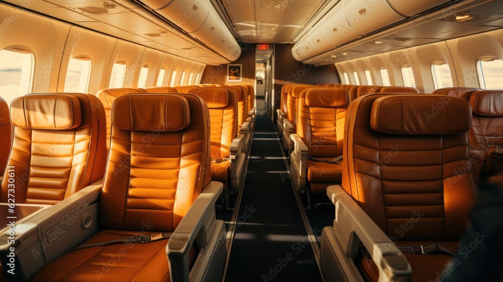 Luxurious interior of a private jet, Premium Business Class Seats for Luxury Air Travel, Posh first class airplane cabin, Exclusive First Class Airplane Seating with Personal Entertainment System