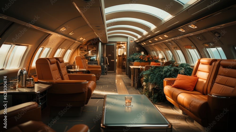 Luxurious interior of a private jet, Premium Business Class Seats for Luxury Air Travel, Posh first class airplane cabin, Exclusive First Class Airplane Seating with Personal Entertainment System