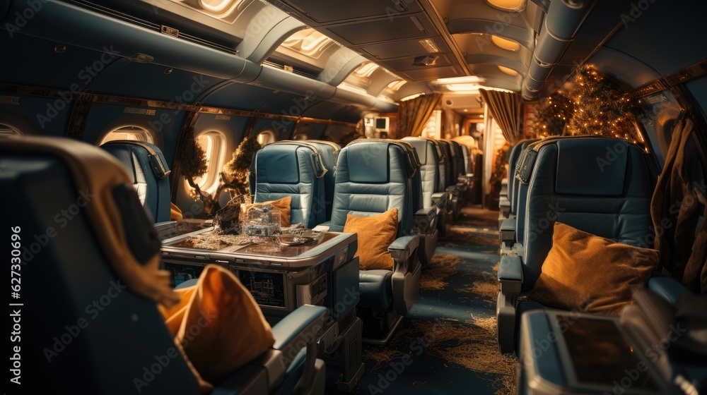 Luxurious interior of a private jet, Premium Business Class Seats for Luxury Air Travel, Posh first class airplane cabin, Exclusive First Class Airplane Seating with Personal Entertainment System Luxurious interior of a private jet, Premium Business Class Seats for Luxury Air Travel, Posh first class airplane cabin, Exclusive First Class Airplane Seating with Personal Entertainment System
