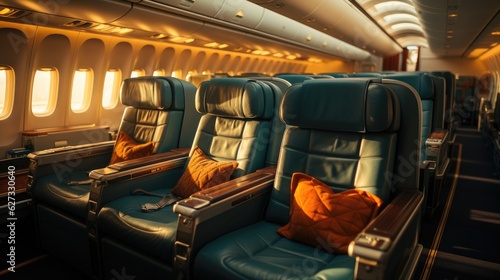 Luxurious interior of a private jet, Premium Business Class Seats for Luxury Air Travel, Posh first class airplane cabin, Exclusive First Class Airplane Seating with Personal Entertainment System