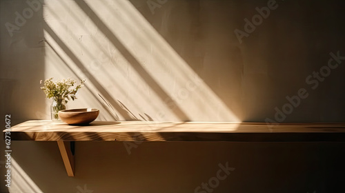 Wooden shelf with vase of flowers on it and sunlight.