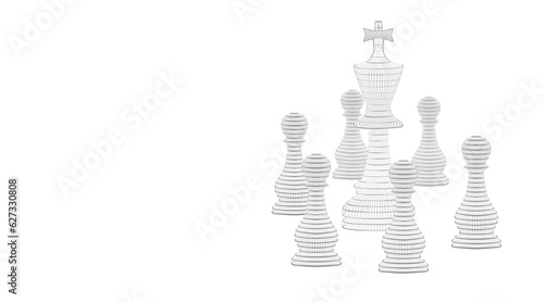 a chess king surrounded by chess pieces 3d Illustration. Low poly chess on white background photo