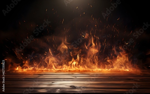 Empty Wooden Table with Fiery Background for Spicy Cuisine promotion