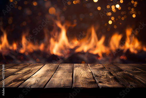 Empty Wooden Table with Fire Accents for Spicy Delights Food display