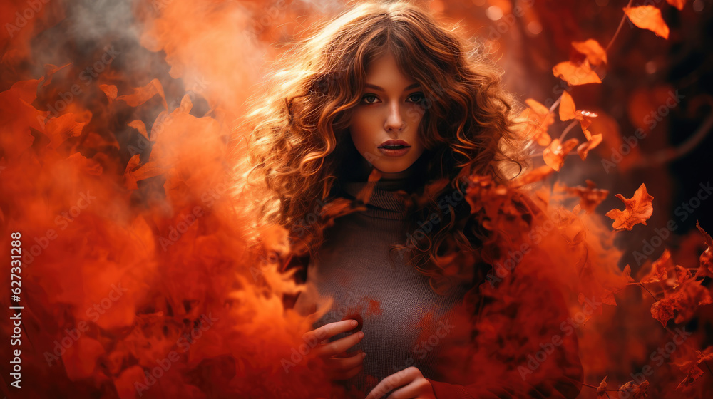 autumn themed girl lighting orange smoke in leaves AI Generative