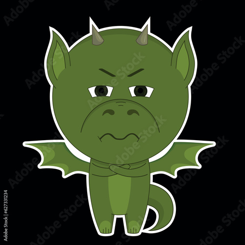 Vector illustration sticker emission. Green dragon sticker. An upset dragon