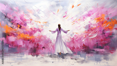 Angel in heaven raises his hands to worship and praise God. Christian illustration.