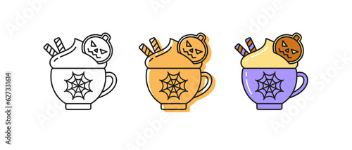 Halloween cups with hot chocolate, macchiato, mocha coffee, frappe or cocoa with whipped cream and cookies. Vector outline colorful icons of mug with straws for cafe, coffee house with holiday design