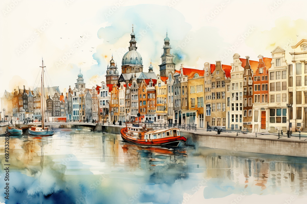 Amsterdam watercolor painting - obrazy, fototapety, plakaty 