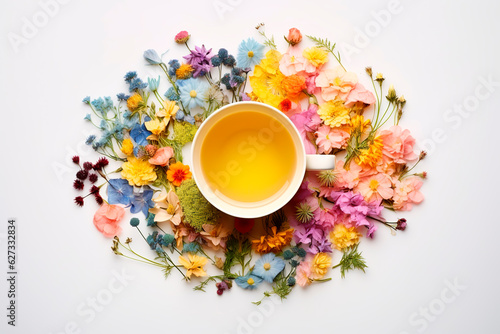 Creative layout made of cup of tea, green tea, black tea, fruit and herbal, tea on white background.Flat lay. 