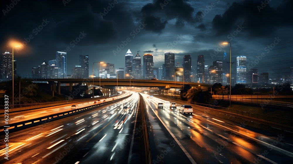 Fototapeta premium High traffic at night in a lighting big metrolpole city with stunning lights and light strips