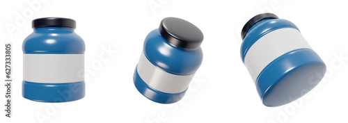 Set cartoon jar or bottle for protein or medical pills various view. Collection minimal bright render in toy style. Cute vivid 3d illustration.