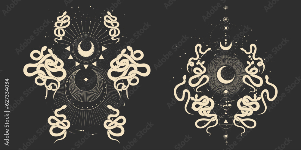 magical forest elements. images of a snake, night moth, fly agaric mushrooms, plant and space elements. Ideal for printing on fabric or clothing, wallpaper and wrapping paper magical forest elements. images of a snake, night moth, fly agaric mushrooms, plant and space elements. Ideal for printing on fabric or clothing, wallpaper and wrapping paper