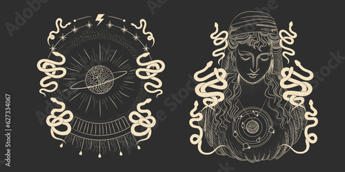 magical forest elements. images of a snake, night moth, fly agaric mushrooms, plant and space elements. Ideal for printing on fabric or clothing, wallpaper and wrapping paper