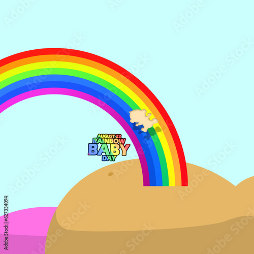 A rainbow heading towards a pregnant belly with an illustration of a baby slumping towards the belly, with bold text on light blue background to commemorate National Rainbow Baby Day on August 22
