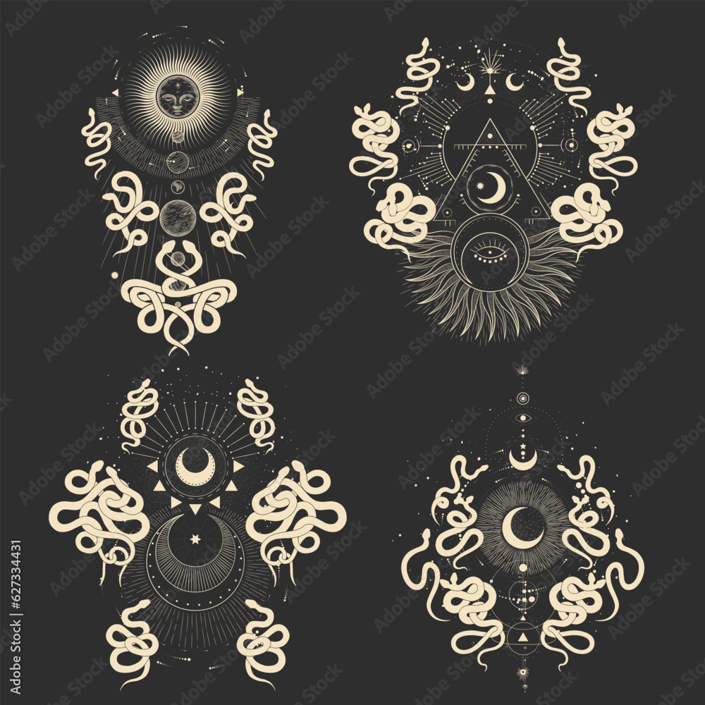 magical forest elements. images of a snake, night moth, fly agaric mushrooms, plant and space elements. Ideal for printing on fabric or clothing, wallpaper and wrapping paper magical forest elements. images of a snake, night moth, fly agaric mushrooms, plant and space elements. Ideal for printing on fabric or clothing, wallpaper and wrapping paper