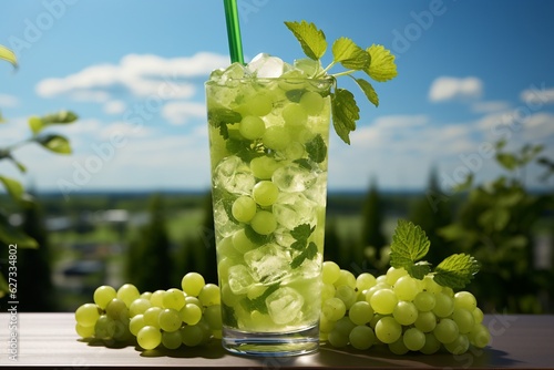 Fresh drink with greengrape and mint, cold summer greengrape ade, healthy mocktail. Sunny day shadows on blue sky background with copy space. created generative ai. photo