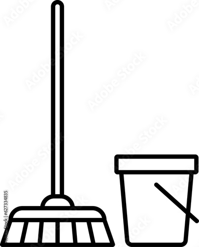 Broom and bucket icon in linear style. Vector.