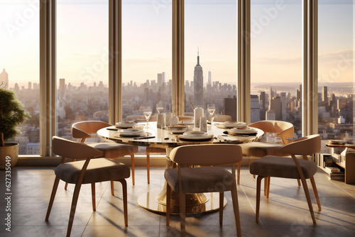 Interior of empty restaurant dinning hall in the midtown New York City Manhattan. Skyline buildings from high rise window. Dinner in New York with beautifull view concept. AI Generative