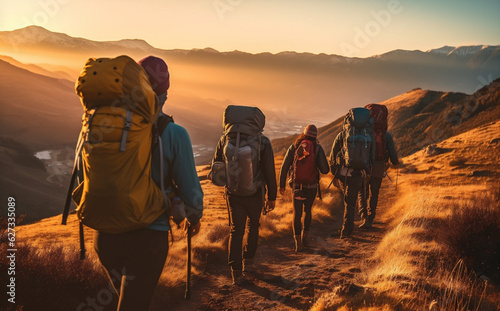 tourist man trekking walking travel lifestyle trekker hiking group nature mountain. Generative AI.