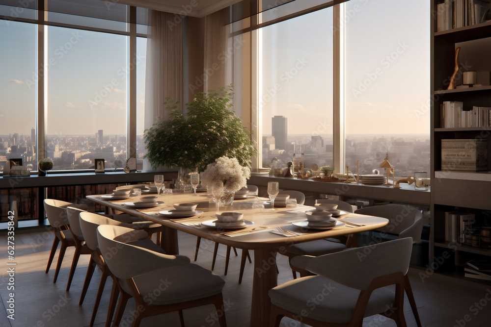 Interior of empty restaurant dinning hall in the midtown New York City Manhattan. Skyline buildings from high rise window. Dinner in New York with beautifull view concept. AI Generative