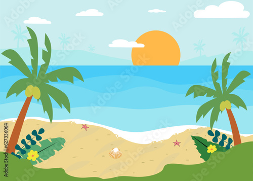 Vector Summer background with starfish shells and coconut trees beach scene