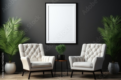 empty white mockup frame on the wall. minimalist room decoration. A comfortable space with chair and flower vase